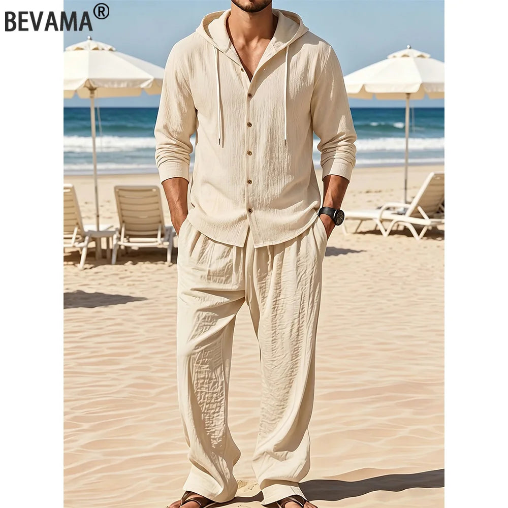 Men’s Oversized Hooded Shirt and Pants Set Breathable Casual Button