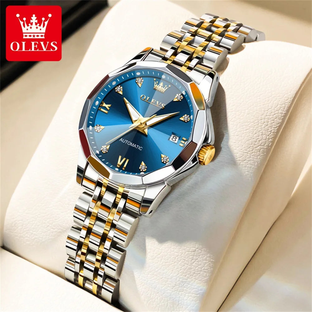 OLEVS 9982 Women's Watches Sparkling Shining Diamond Scale Original Automatic Mechanical Wristwatch for Lady Waterproof