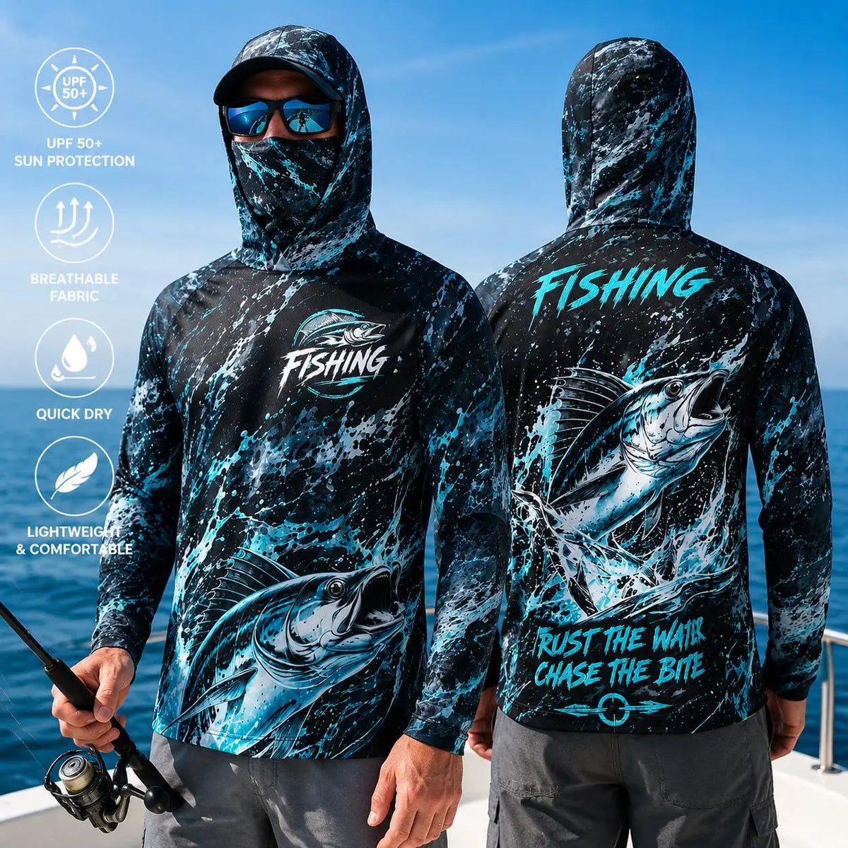Outdoor Sun Protective Long Sleeve Fishing Top Neck Mask Print Unisex Back Large Fish‑Bone Lightweight Breathable Fishing Jersey