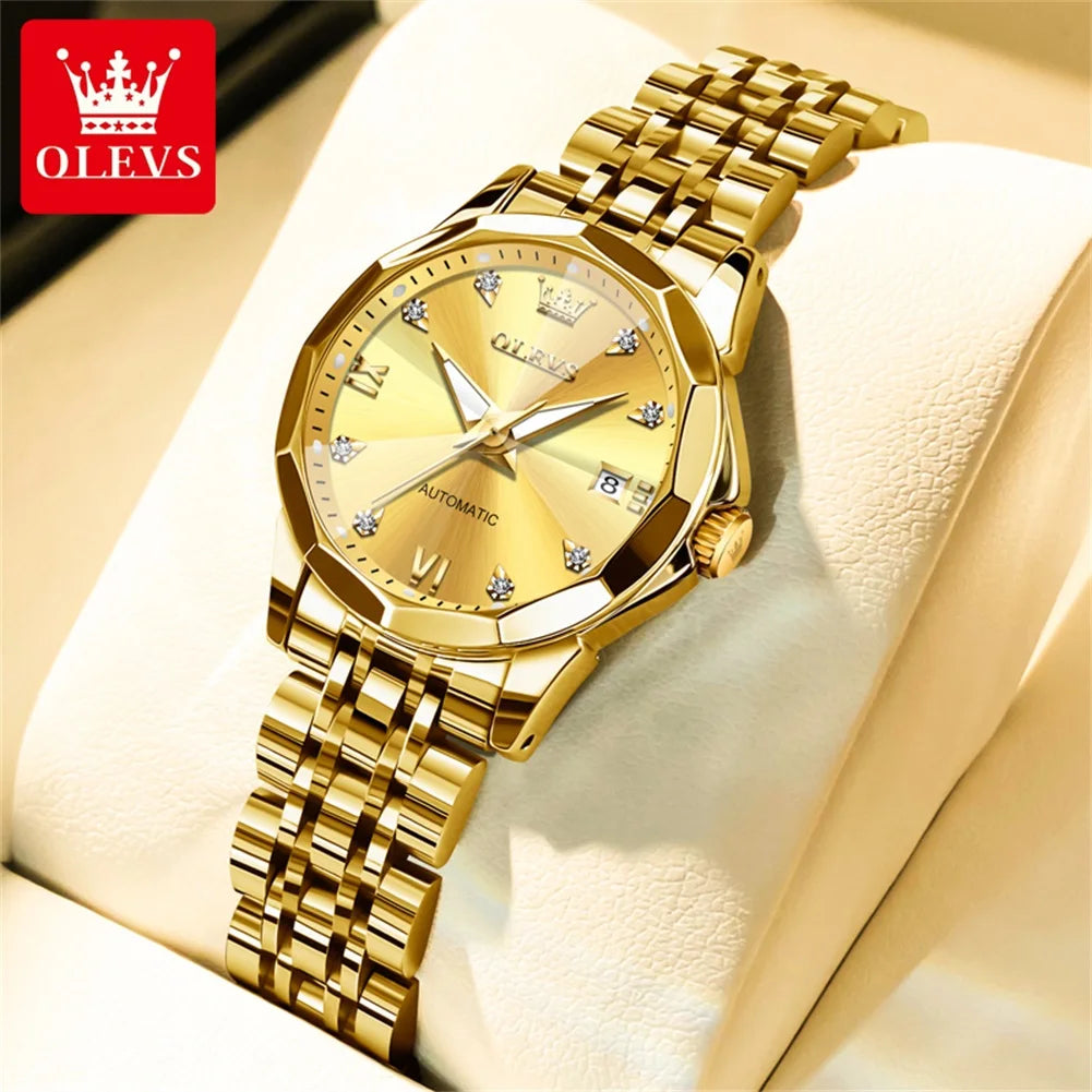 OLEVS 9982 Women's Watches Sparkling Shining Diamond Scale Original Automatic Mechanical Wristwatch for Lady Waterproof