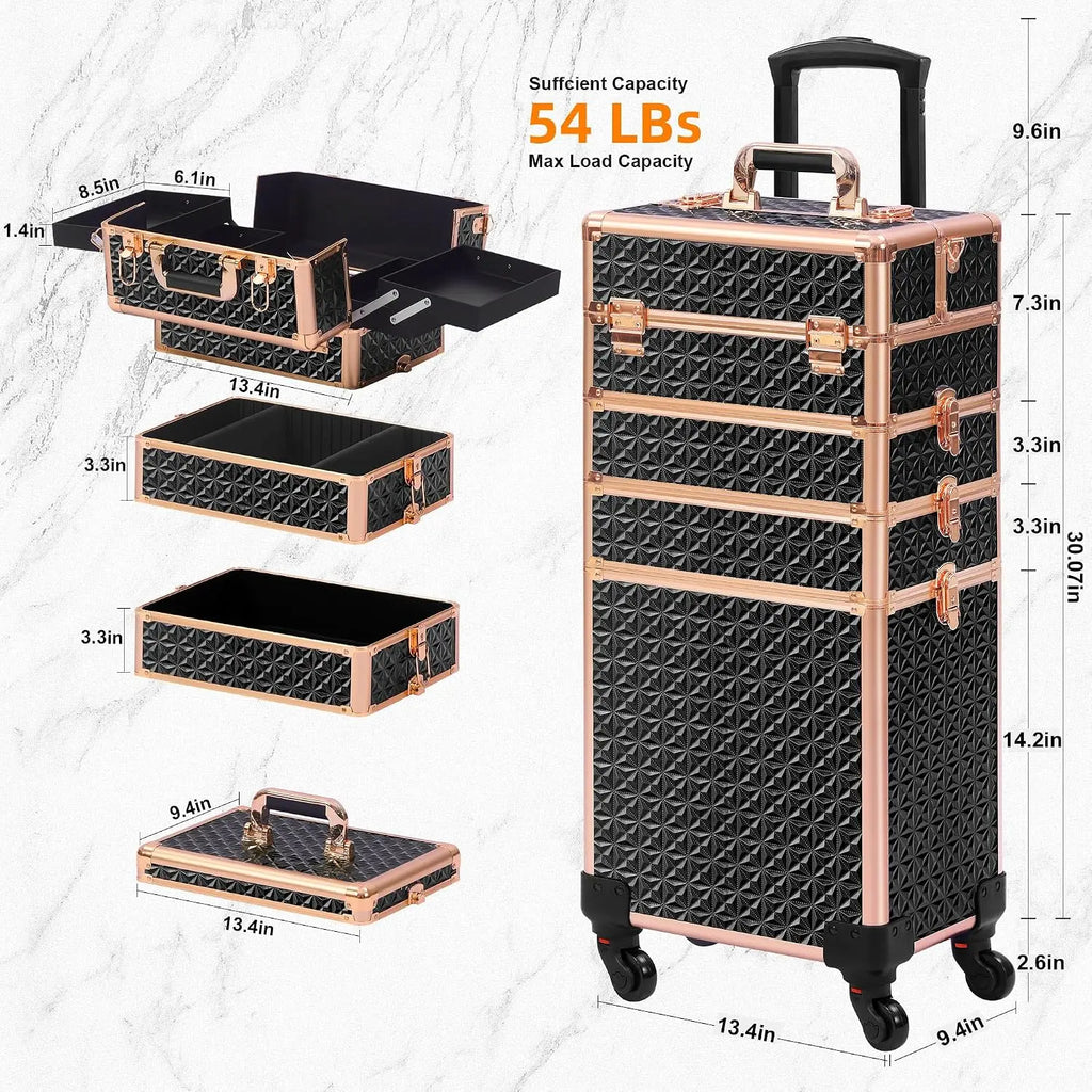 Black‑Gold 5‑in‑1 Rolling Makeup Train Case with Lid, Large Professional Wheeled Cosmetology Organizer, Portable Cosmetic Trolley Case for Salon Barber, Holiday Gift Option