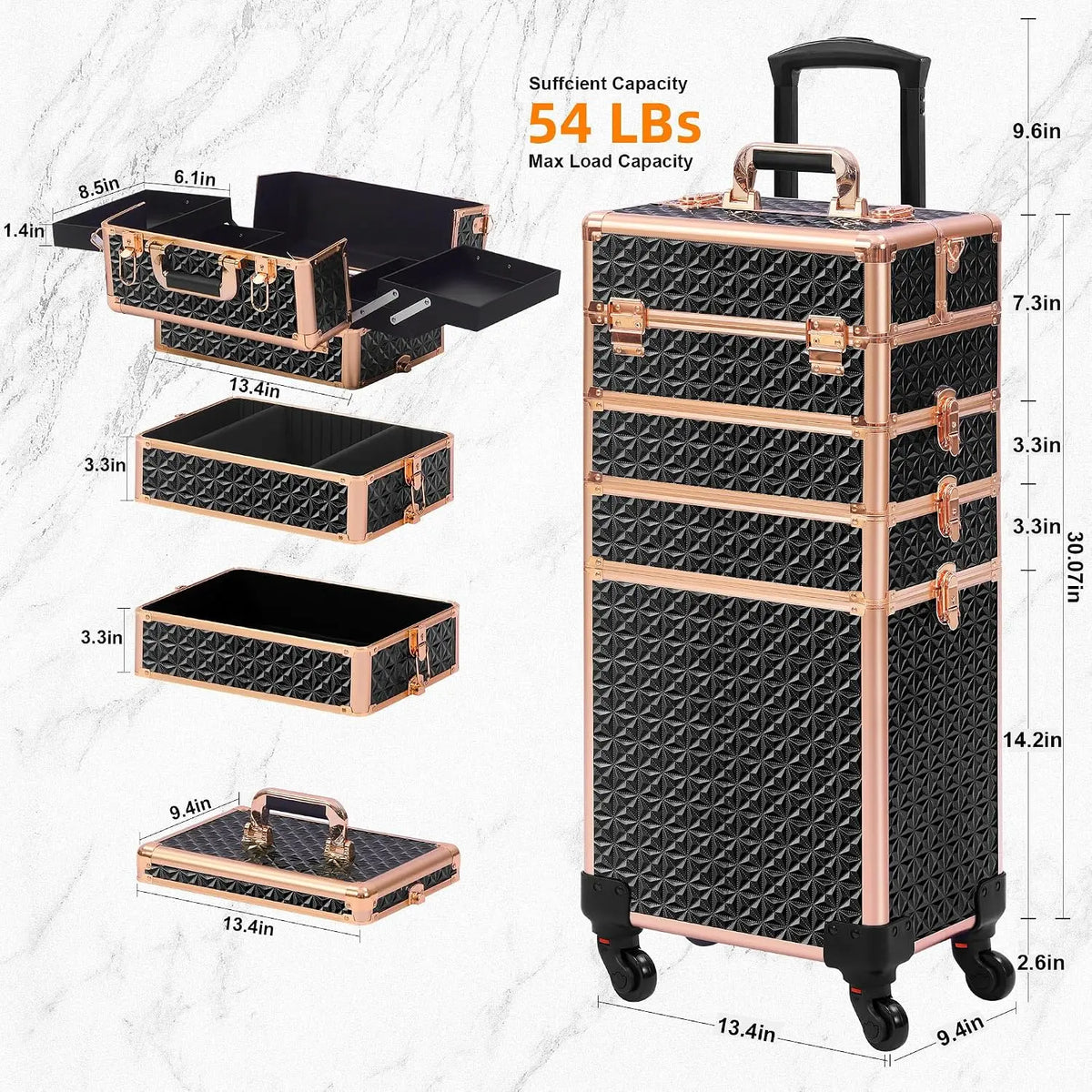 Black‑Gold 5‑in‑1 Rolling Makeup Train Case with Lid, Large Professional Wheeled Cosmetology Organizer, Portable Cosmetic Trolley Case for Salon Barber, Holiday Gift Option