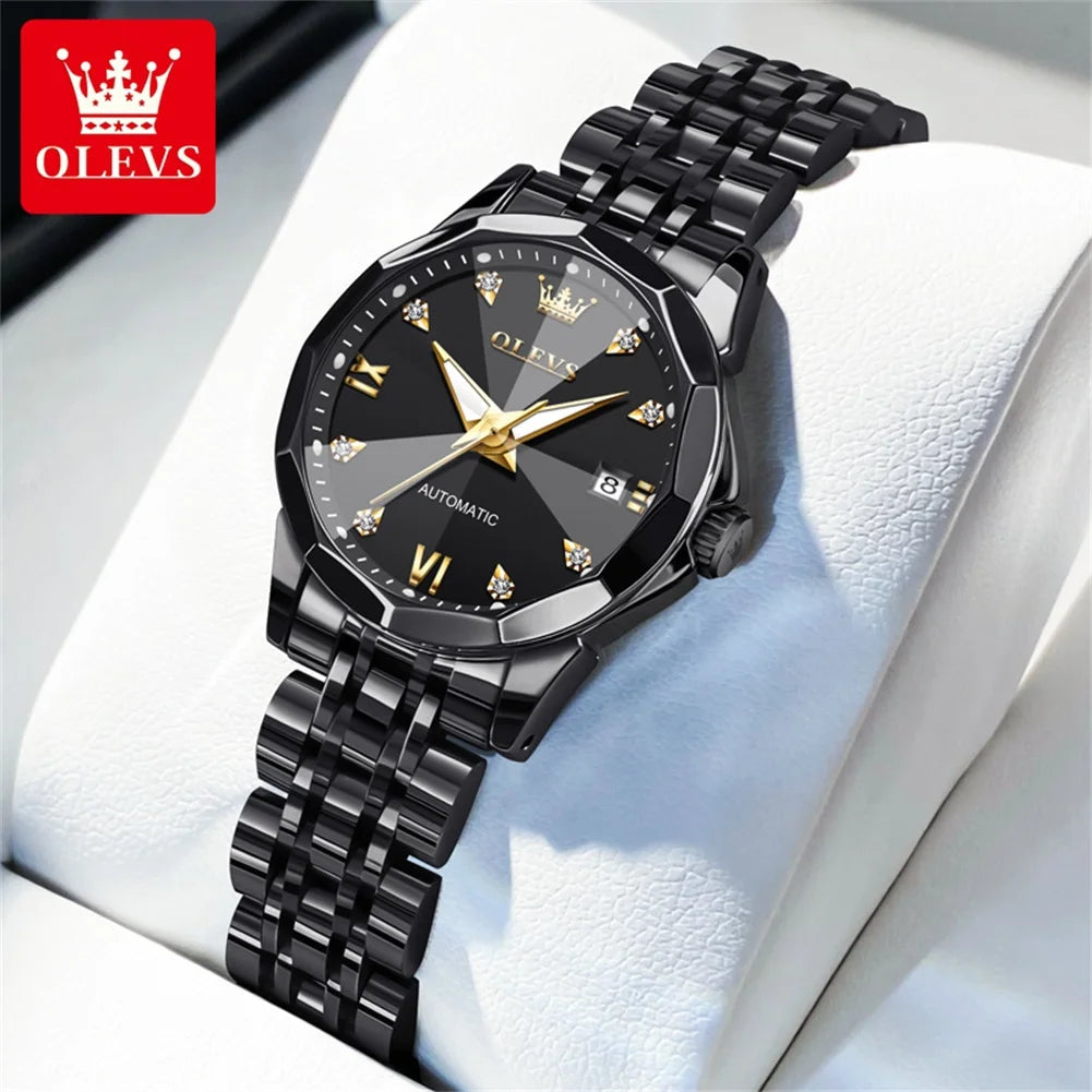 OLEVS 9982 Women's Watches Sparkling Shining Diamond Scale Original Automatic Mechanical Wristwatch for Lady Waterproof