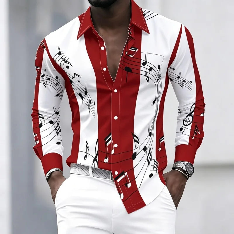 Men's collared shirt with creative musical note print, trendy long-sleeved casual top for everyday wear, dates, and outings.