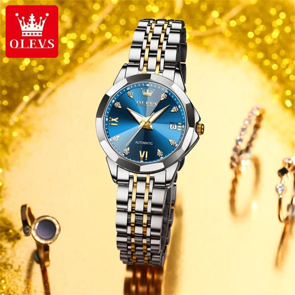 OLEVS 9982 Women's Watches Sparkling Shining Diamond Scale Original Automatic Mechanical Wristwatch for Lady Waterproof