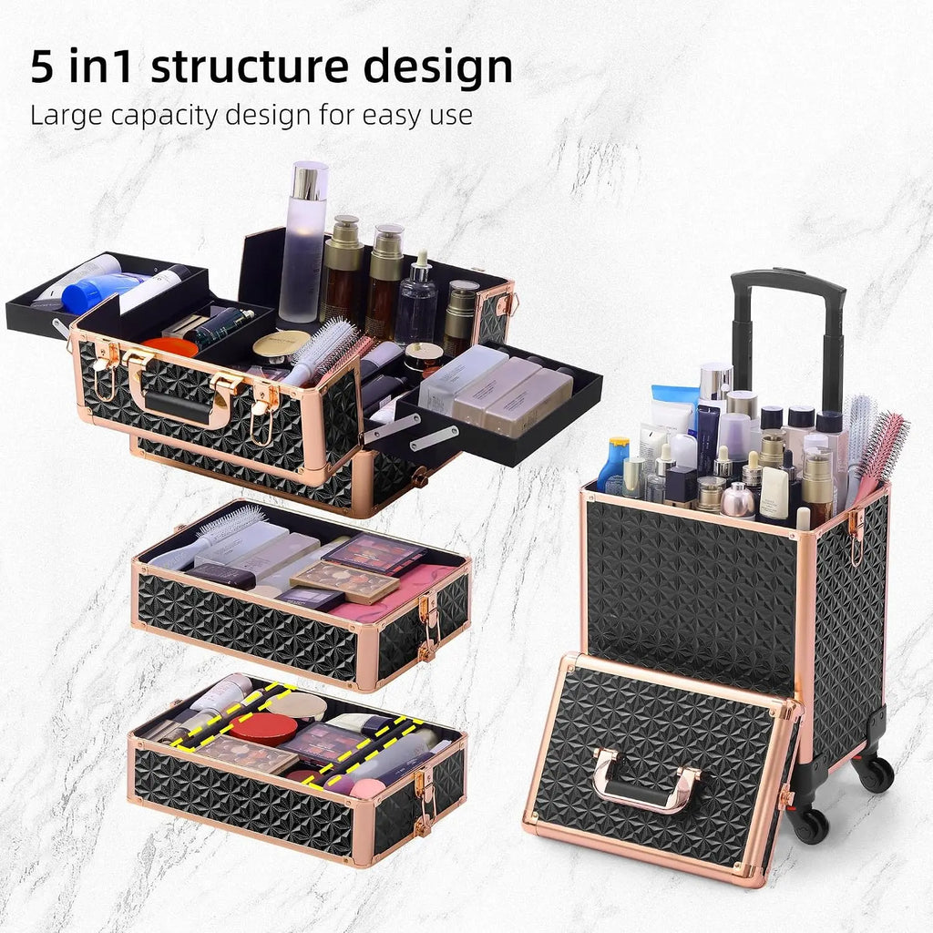 Black‑Gold 5‑in‑1 Rolling Makeup Train Case with Lid, Large Professional Wheeled Cosmetology Organizer, Portable Cosmetic Trolley Case for Salon Barber, Holiday Gift Option