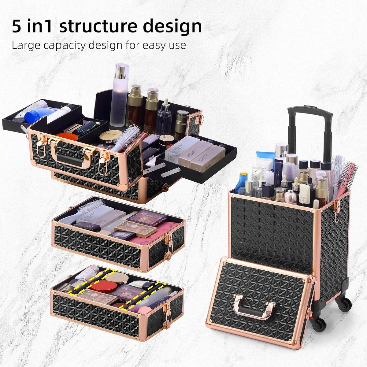 Black‑Gold 5‑in‑1 Rolling Makeup Train Case with Lid, Large Professional Wheeled Cosmetology Organizer, Portable Cosmetic Trolley Case for Salon Barber, Holiday Gift Option