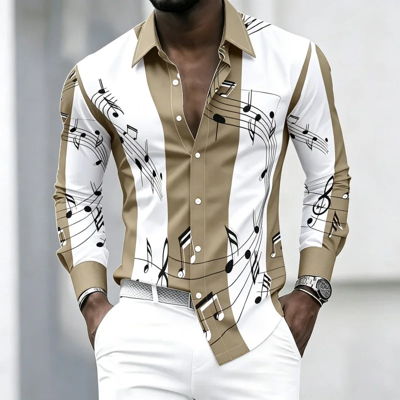 Men's collared shirt with creative musical note print, trendy long-sleeved casual top for everyday wear, dates, and outings.