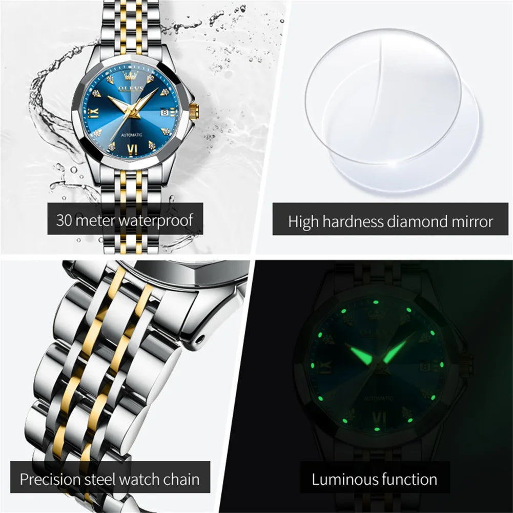 OLEVS 9982 Women's Watches Sparkling Shining Diamond Scale Original Automatic Mechanical Wristwatch for Lady Waterproof