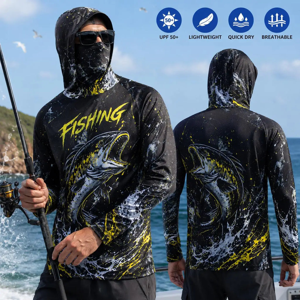 Outdoor Sun Protective Long Sleeve Fishing Top Neck Mask Print Unisex Back Large Fish‑Bone Lightweight Breathable Fishing Jersey