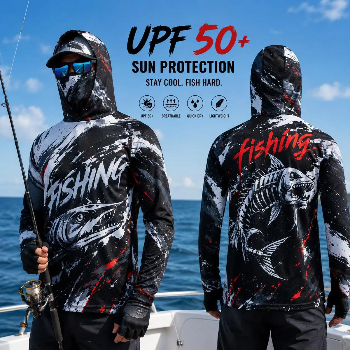 Outdoor Sun Protective Long Sleeve Fishing Top Neck Mask Print Unisex Back Large Fish‑Bone Lightweight Breathable Fishing Jersey