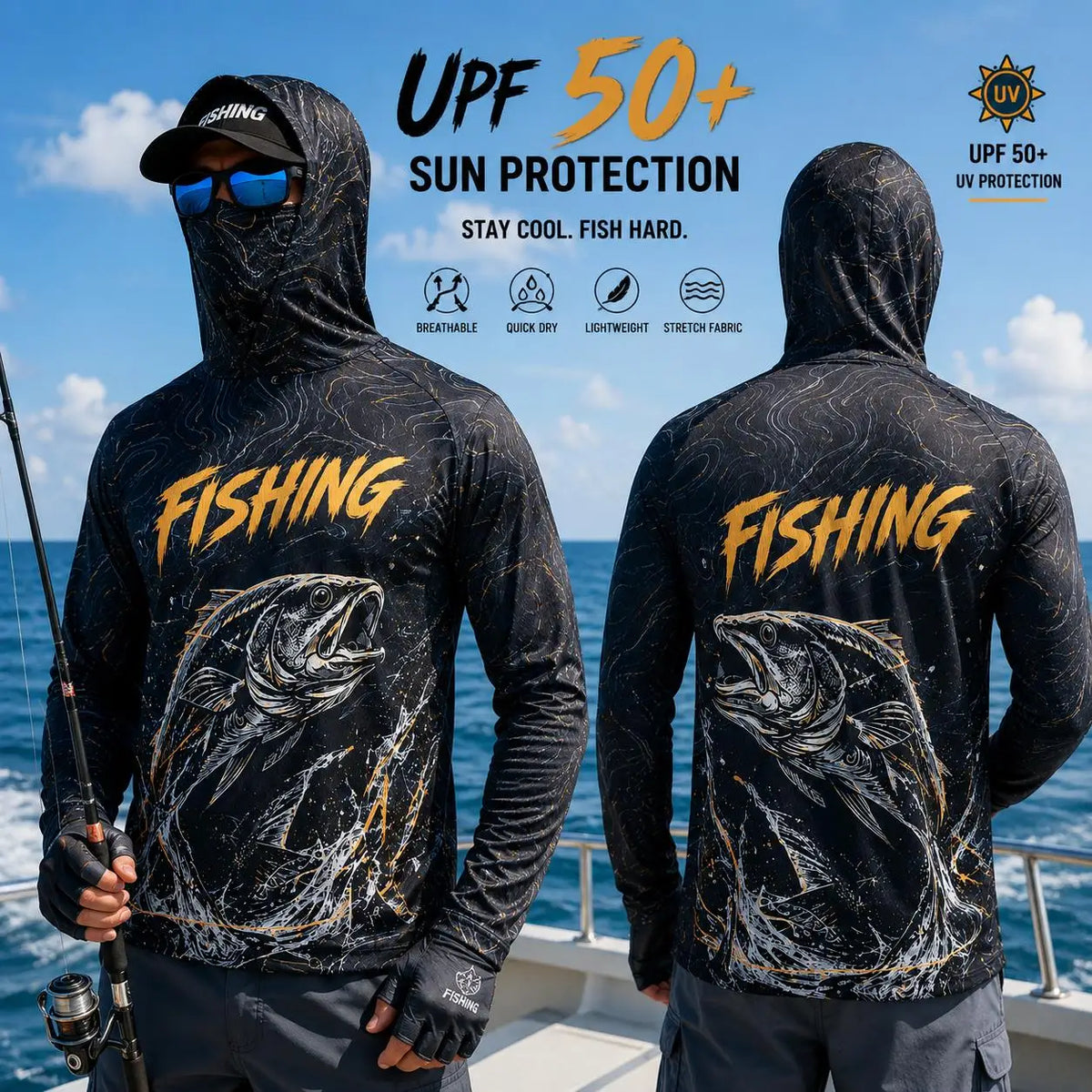 Outdoor Sun Protective Long Sleeve Fishing Top Neck Mask Print Unisex Back Large Fish‑Bone Lightweight Breathable Fishing Jersey