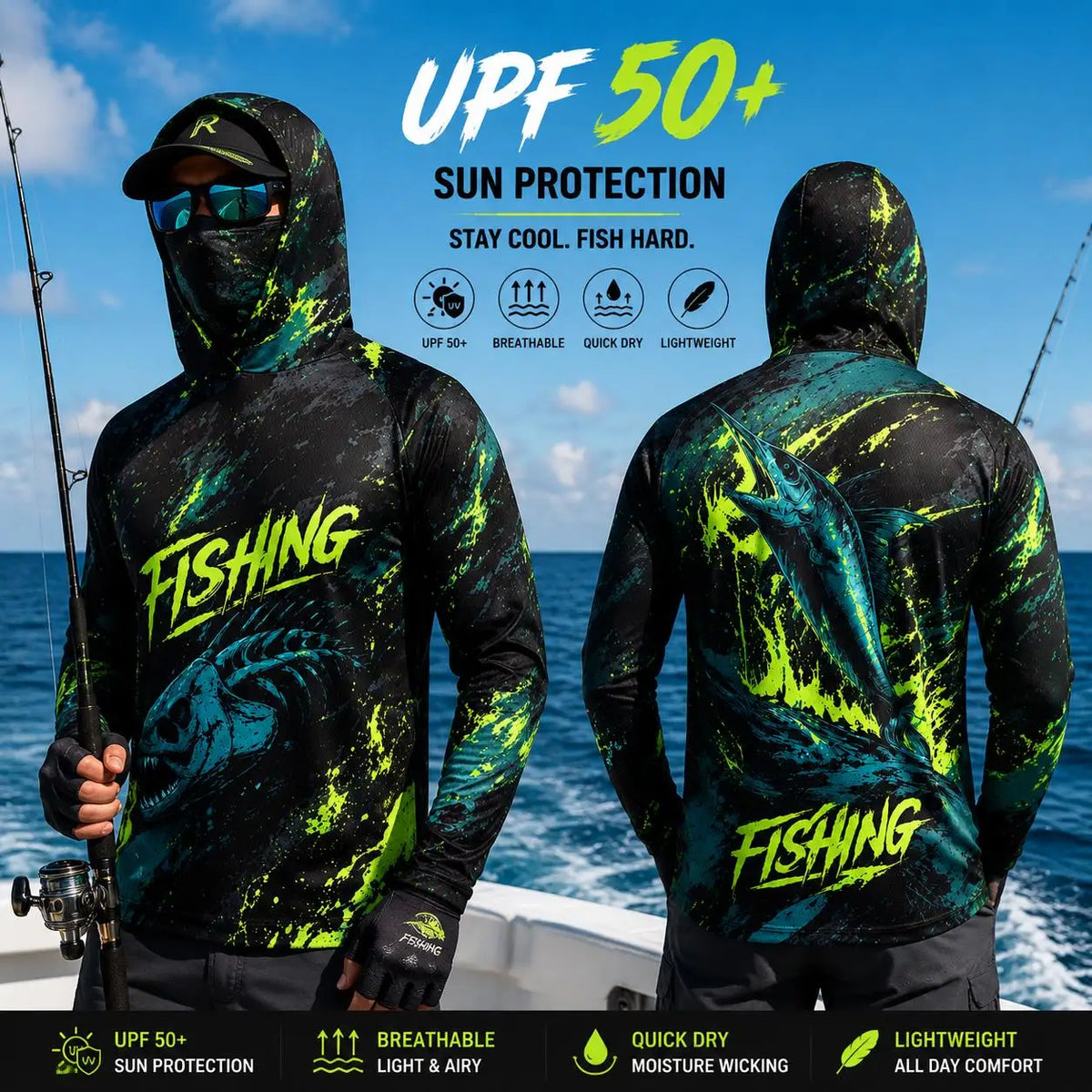 Outdoor Sun Protective Long Sleeve Fishing Top Neck Mask Print Unisex Back Large Fish‑Bone Lightweight Breathable Fishing Jersey